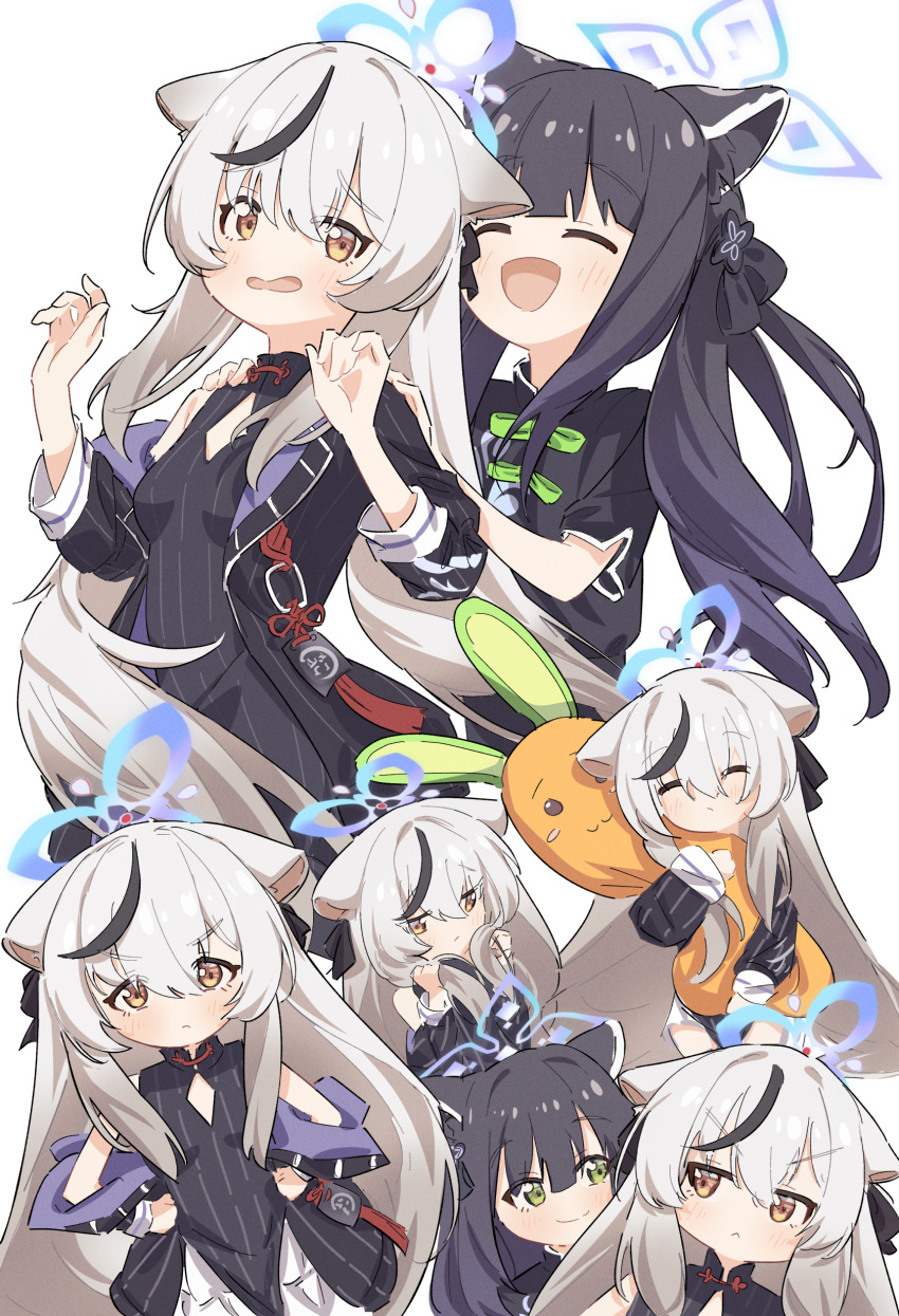 2girls absurdres animal_ears black_dress black_hair black_jacket blue_archive blue_halo blush breasts closed_eyes closed_mouth dress green_eyes grey_hair hair_between_eyes halo highres jacket kokona_(blue_archive) long_hair long_sleeves multicolored_hair multiple_girls open_clothes open_jacket open_mouth rizuaki short_sleeves shun_(blue_archive) shun_(small)_(blue_archive) simple_background small_breasts smile streaked_hair striped striped_dress tiger_ears vertical-striped_dress vertical_stripes white_background yellow_eyes