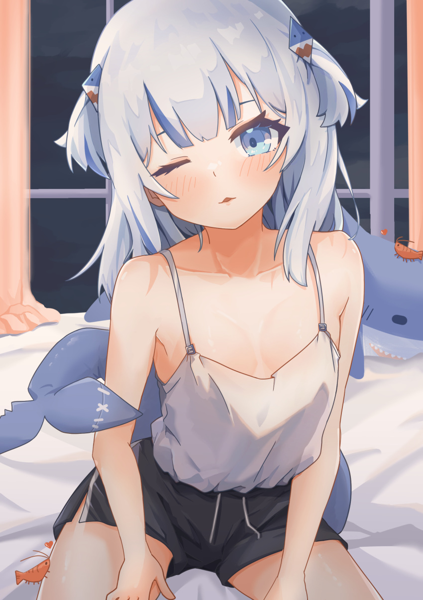 1girl 8_nana_usagi absurdres bare_arms bare_shoulders bed_sheet black_shorts blue_eyes blue_hair blush breasts camisole collarbone commentary curtains drawstring ebi-chan_(gawr_gura) english_commentary fins fish_tail gawr_gura grey_hair hair_ornament head_tilt highres hololive hololive_english indoors long_hair looking_at_viewer multicolored_hair one_eye_closed puckered_lips shark_girl shark_hair_ornament shark_tail shorts sidelocks sitting small_breasts solo spaghetti_strap streaked_hair stuffed_animal stuffed_shark stuffed_toy tail two_side_up virtual_youtuber white_camisole window