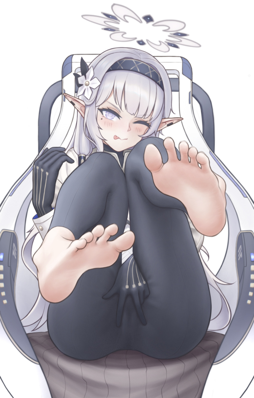 1girl :p absurdres ass barefoot black_gloves black_hairband black_halo black_leggings blue_archive blush chinese_commentary commentary_request ear_piercing eyelashes feet feet_up flower foot_focus full_body gloves grey_halo grey_jacket hair_flower hair_ornament hairband halo highres himari_(blue_archive) jacket knees_together_feet_apart knees_up leaning_back leggings legs long_hair mole mole_under_eye one_eye_closed piercing pointy_ears purple_eyes purple_hair sidelocks silver_bullet_(yhq811) simple_background sitting soles solo spread_pussy_under_clothes spread_toes toenails toes tongue tongue_out very_long_hair white_background