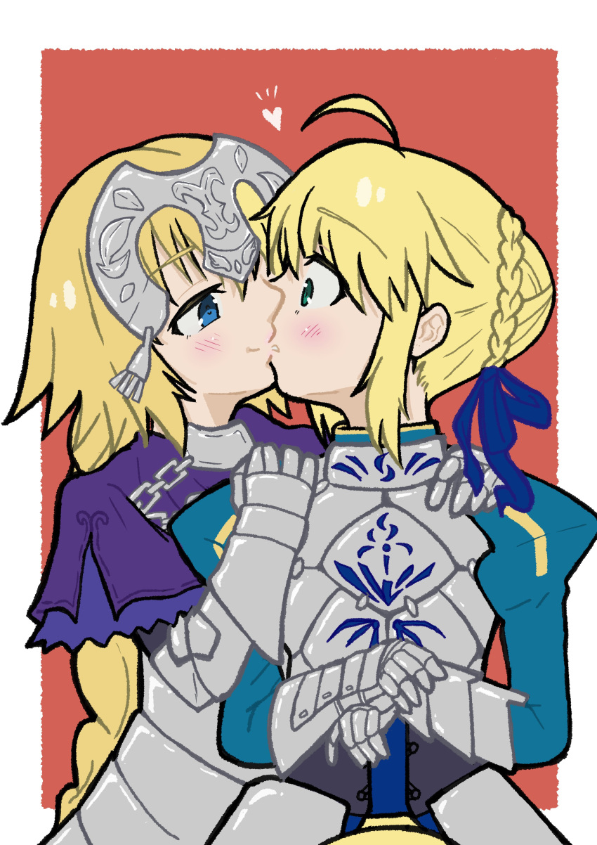 2girls absurdres ahoge armor armored_dress artoria_pendragon_(fate) blonde_hair blush braid chain excalibur_(fate/stay_night) eye_contact fate/grand_order fate_(series) faulds gauntlets green_eyes hands_on_hilt headpiece highres jeanne_d'arc_(fate) kiss long_braid long_hair looking_at_another multiple_girls plackart saber_(fate) single_braid surprise_kiss surprised sword veler_c9 very_long_hair weapon yuri