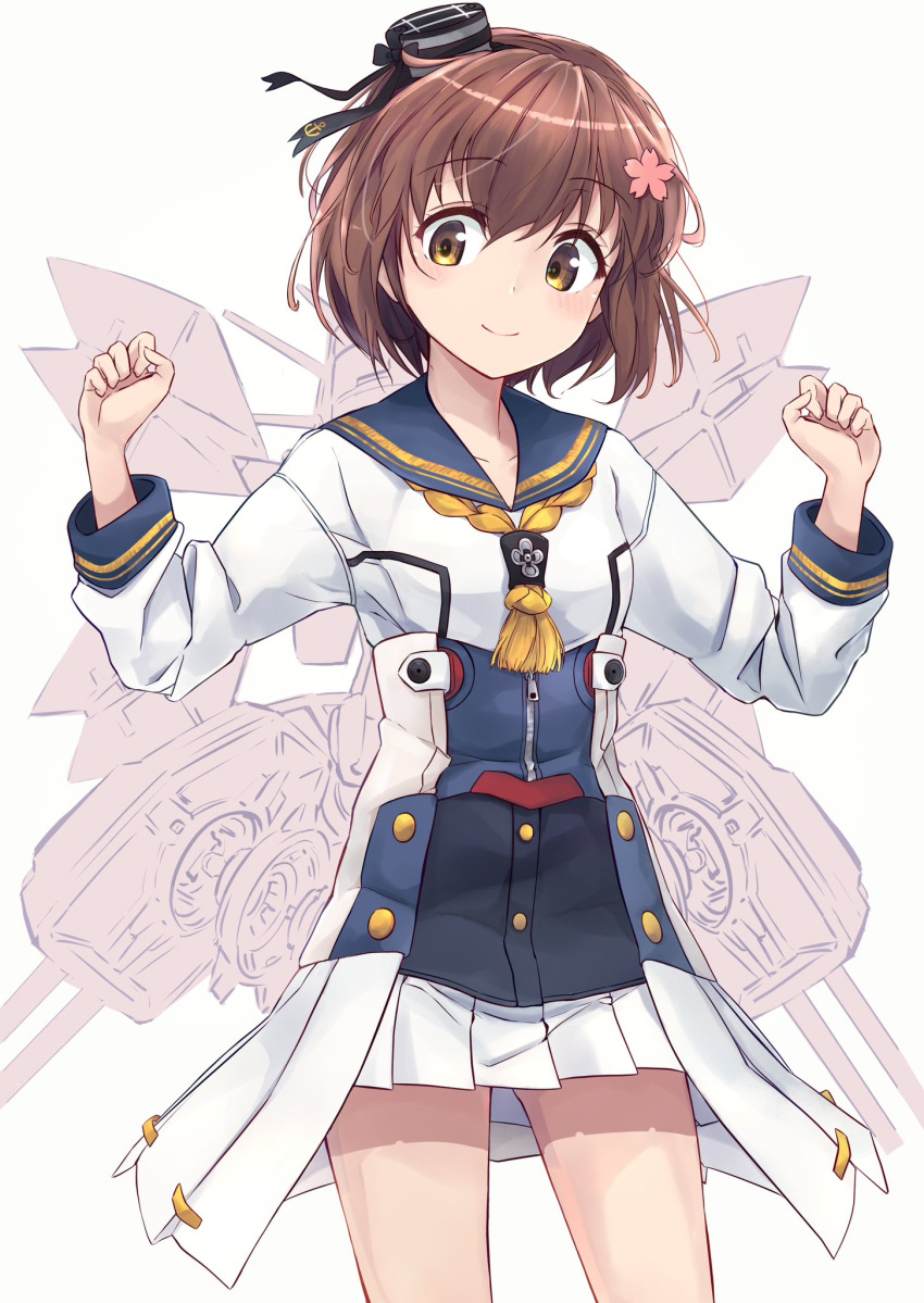 1girl blue_sailor_collar brown_eyes brown_hair commentary_request contrapposto cowboy_shot dress flower hair_flower hair_ornament highres kantai_collection machinery minosu neckerchief original_remodel_(kantai_collection) sailor_collar sailor_dress short_hair smokestack_hair_ornament solo w_arms white_dress yellow_neckerchief yukikaze_(kancolle) yukikaze_kai_ni_(kancolle)