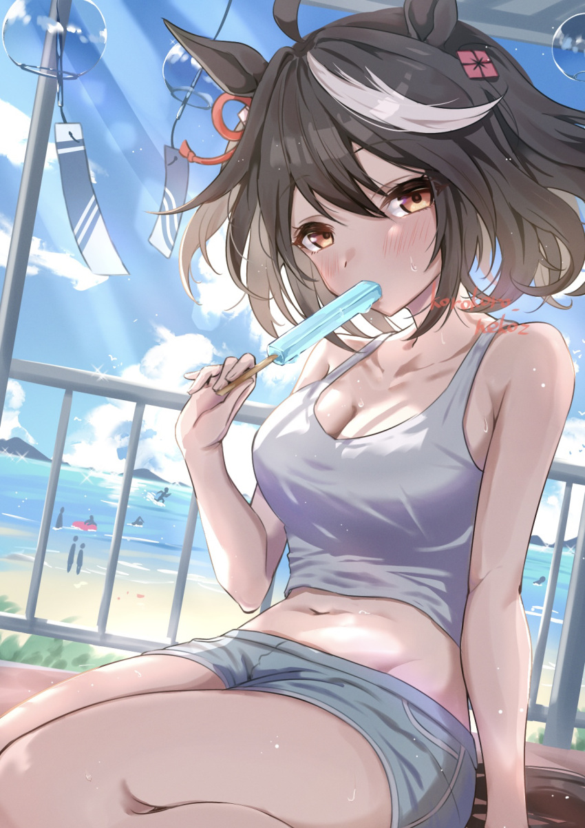 1girl ahoge alternate_costume aqua_shorts arm_support armpit_crease artist_name bare_arms bare_shoulders beach black_hair blue_sky blush bob_cut breasts cloud cloudy_sky collarbone commentary double-parted_bangs fence food food_in_mouth hair_between_eyes hair_ornament hair_ribbon highres holding holding_food holding_popsicle kitasan_black_(umamusume) korokoro_nekoz large_breasts looking_at_viewer midriff mountainous_horizon multicolored_hair navel ocean popsicle popsicle_in_mouth red_eyes red_ribbon ribbon short_hair short_shorts shorts sitting sky solo stomach streaked_hair tank_top two-tone_hair two_side_up umamusume white_hair white_tank_top