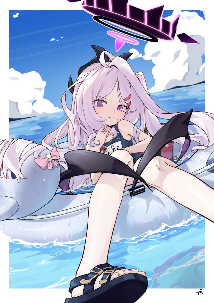 1girl absurdres black_footwear black_halo black_horns black_wings blue_archive blue_one-piece_swimsuit blue_sky bow closed_mouth cloud day flat_chest halo highres hina_(blue_archive) hina_(swimsuit)_(blue_archive) hjrh5727 horns legs long_hair looking_at_viewer ocean official_alternate_costume old_school_swimsuit one-piece_swimsuit outdoors pink_bow purple_eyes sandals school_swimsuit sky solo swimsuit toenails toes whistle whistle_around_neck white_hair wings
