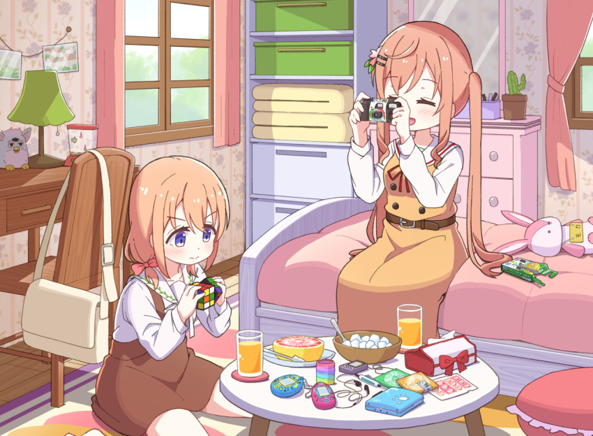 2girls aged_down bag bed belt bow bowl brown_belt brown_dress buttons cactus camera chest_of_drawers closed_eyes closed_mouth coaster commentary_request curtains cushion day desk desk_lamp disposable_camera double-breasted dress earbuds earphones floral_print frills furby glass gochuumon_wa_usagi_desu_ka? grapefruit hair_bow hair_ornament hairclip holding holding_camera hoto_cocoa hoto_mocha indoors lamp light_blush long_hair long_sleeves looking_at_another low_twintails mirror mohei multiple_girls neck_ribbon no_shoes on_bed orange_hair orange_juice partial_commentary photo_(object) pink_curtains purple_eyes red_bow red_ribbon ribbon rubik's_cube sailor_collar school_bag school_uniform shirt short_hair siblings sidelocks sisters sitting slinky smile socks stuffed_animal stuffed_rabbit stuffed_toy sugar_cube table tamagotchi tissue_box twintails wallpaper_(object) wariza white_bag white_ribbon white_sailor_collar white_shirt white_socks window wooden_chair wooden_desk