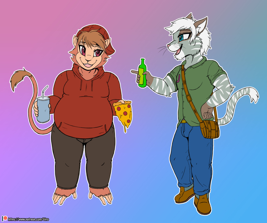 2019 absurd_res anthro bag belly beverage blue_eyes bottle bottomwear clothing container dress_shirt duo felid food fur hair haplorhine headgear headwear hi_res jasper_(anthroloverjay) male mammal monkey open_mouth overweight overweight_anthro overweight_male pantherine pants pizza primate red_eyes shirt striped_body striped_fur stripes sweatshirt teeko_(fluffbuttalex) tiger topwear viroveteruscy white_hair