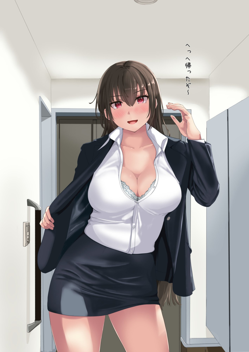 1girl alternate_costume black_jacket black_skirt blazer bra breasts cleavage collared_shirt commentary_request dress_shirt frilled_bra frills highres jacket jouzaburou_(joe3) kantai_collection large_breasts nagato_(kancolle) office_lady pencil_skirt red_eyes shirt skirt smile solo translation_request underwear white_shirt