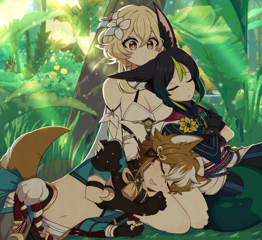1girl 2boys absurdres animal_ear_fluff animal_ears aviciella black_hair blonde_hair breasts brown_hair cheek_press cleavage closed_eyes closed_mouth day detached_sleeves dog_boy dog_ears dog_tail dress english_commentary fang fox_boy fox_ears fox_tail genshin_impact gloves gorou_(genshin_impact) grass green_hair green_tail hair_between_eyes hand_on_another's_shoulder highres lap_pillow leaning_on_person leaning_to_the_side light_rays lumine_(genshin_impact) lying lying_on_lap lying_on_person medium_breasts midriff multicolored_hair multiple_boys navel on_grass on_ground on_side open_mouth outdoors parted_lips short_hair sitting skin_fang sleeping sleeping_on_person stomach sunbeam sunlight tail tighnari_(genshin_impact) white_hair yellow_eyes