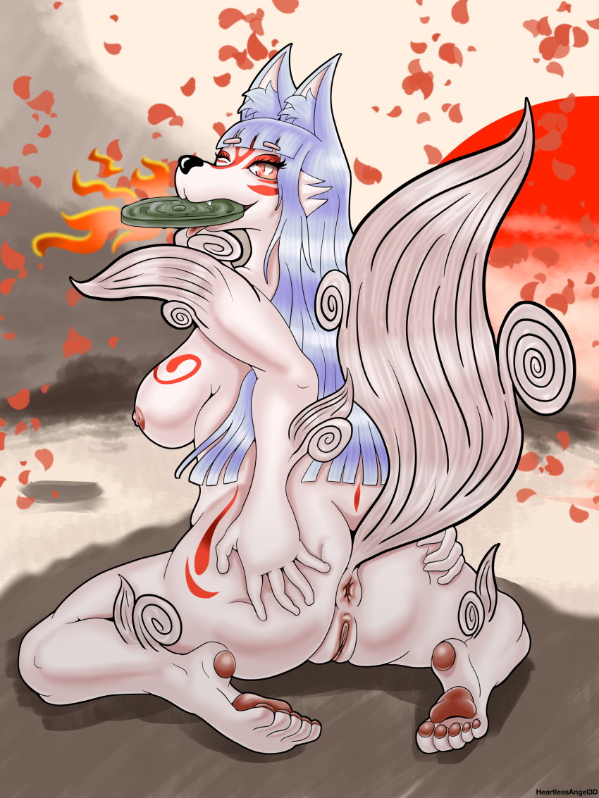 absurd_res amaterasu_(okami) anthro anus canid canine capcom cherry_blossom crossover female fire fox genitals hair hand_on_butt heartlessangel3d hi_res inner_ear_fluff kneeling long_hair mammal markings nude okami_(capcom) one_eye_closed pawpads plant pussy raised_tail red_eyes red_markings solo tail tamamo-chan's_a_fox tamamo_fushimi tongue tongue_out tuft wink