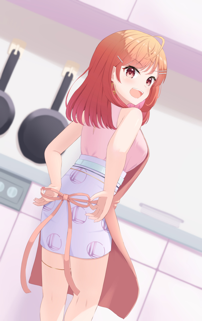 1girl ahoge apron blue_skirt breasts frying_pan hair_ornament hairpin highres hololive hololive_dev_is ichijou_ririka kisasage large_breasts long_hair looking_at_viewer looking_back open_mouth orange_eyes orange_hair pink_apron pink_shirt shirt sideboob skirt sleeveless sleeveless_shirt smile solo teeth thigh_strap tying_apron upper_teeth_only virtual_youtuber