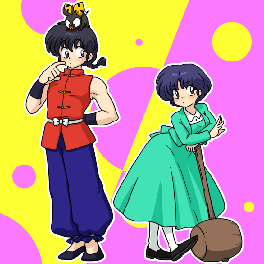 1girl bandana black_footwear black_hair blue_hair blush breasts brown_eyes chinese_clothes circle full_body fuurinkan_high_school_uniform highres p-chan pig purple_background ranma_1/2 saotome_ranma school_uniform short_hair socks standing tangzhuang tendou_akane wanta_(futoshi) white_socks yellow_background yellow_bandana