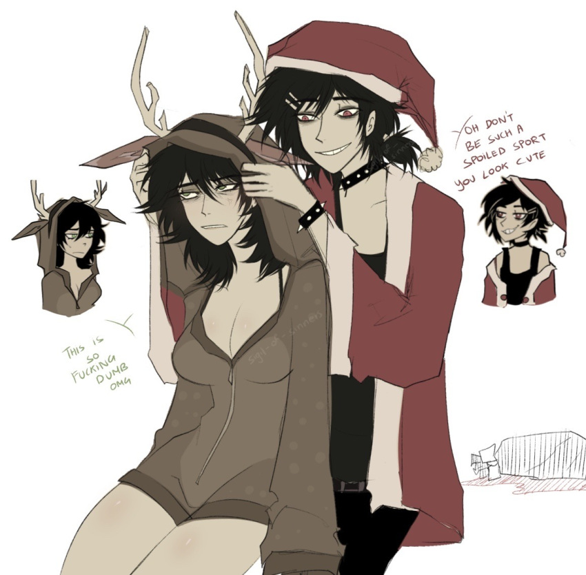 1boy 1girl andrew_graves animal_ears antlers ashley_graves breasts christmas collar deer_antlers deer_ears deer_hood english_text genderswap genderswap_(ftm) genderswap_(mtf) green_eyes hat pink_eyes santa_hat sigil-of-sinners smug spiked_collar spikes the_coffin_of_andy_and_leyley