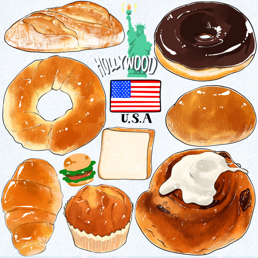 american_flag bread bread_slice burger croissant dessert doughnut food food_focus highres icing miri_illust muffin no_humans original pastry statue_of_liberty