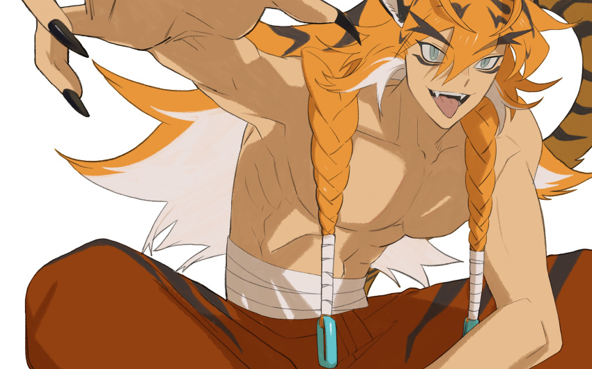 1boy animal_ears antenna_hair baggy_pants braid brown_hair brown_nails fangs fingernails green_eyes hand_up highres indian_style jssammy_zhou long_hair looking_at_viewer male_focus midriff_sarashi open_mouth orange_hair original pants reaching reaching_towards_viewer red_pants sarashi sharp_fingernails simple_background sitting slit_pupils solo tail thick_eyebrows tiger_boy tiger_ears tiger_tail tongue tongue_out topless_male twin_braids white_background white_hair