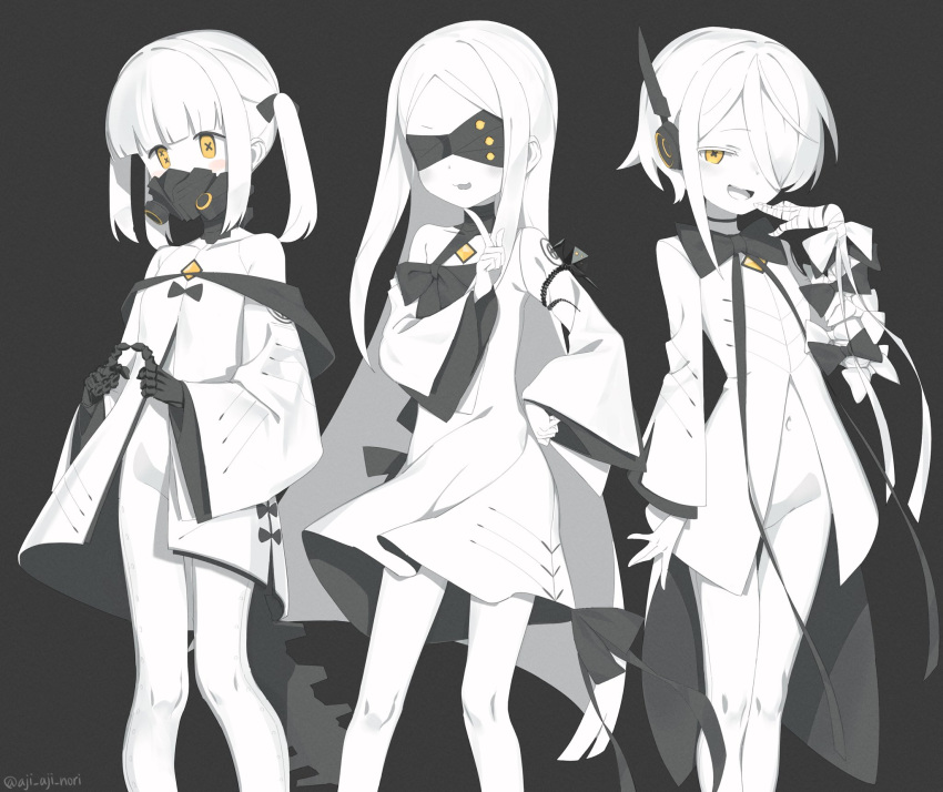 3girls aji_aji_nori black_background blindfold blue_archive bodysuit colored_skin covered_eyes covered_navel dress ein_(blue_archive) extra_pupils hair_over_one_eye headgear highres long_hair looking_at_viewer multiple_girls ohr_(blue_archive) open_mouth respirator short_hair simple_background smile smug sof_(blue_archive) symbol-shaped_pupils twintails white_bodysuit white_dress white_skin x-shaped_pupils yellow_eyes