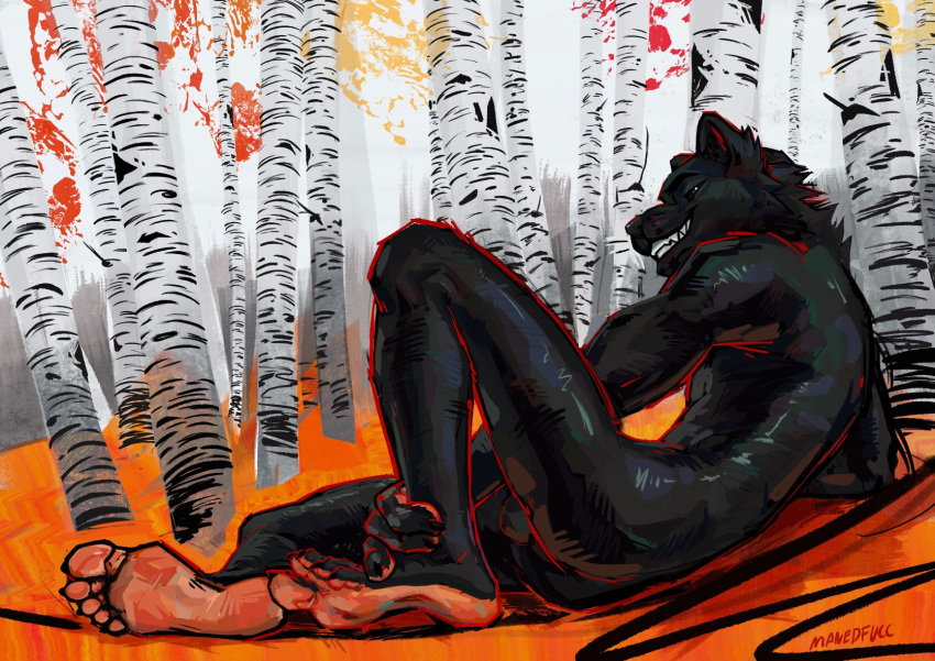 2022 anthro arm_support athletic athletic_anthro athletic_male balls barely_visible_genitalia birch_tree black_body black_eyes black_fur butt claws digital_media_(artwork) fangs feet felid finger_claws forest fur genitals hi_res humanoid_feet leaning_on_elbow looking_at_viewer looking_back looking_back_at_viewer lying male mammal manedfucc nude on_ground on_side pantherine pinup plant plantigrade pose rear_view seductive smile solo teeth tree