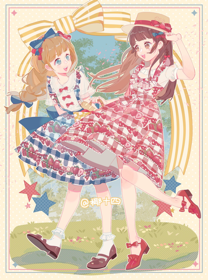 2girls aqua_bow artist_name blonde_hair blue_bow blue_eyes blue_skirt blue_sky blunt_bangs bow bow_button bow_legwear braid brown_bow brown_eyes brown_footwear brown_hair chinese_commentary collared_shirt commentary_request day dress eyelashes food food-themed_hair_ornament food_print footwear_bow frilled_dress frilled_shirt_collar frilled_socks frills fruit full_body hair_bow hair_ornament hand_on_headwear hat hat_bow high_heels highres lace-trimmed_dress lace_trim leaning_forward lolita_fashion long_hair looking_at_another medium_dress medium_skirt multiple_girls multiple_hair_bows open_mouth original outline outstretched_arms petals plaid plaid_bow plaid_dress plaid_skirt polka_dot polka_dot_background puffy_short_sleeves puffy_sleeves red_bow red_dress red_footwear ribbon-trimmed_dress ribbon-trimmed_skirt ribbon_trim shadow shirt short_sleeves single_braid single_sidelock skirt sky sleeveless sleeveless_dress smile socks straight_hair strawberry strawberry_hair_ornament strawberry_hat_ornament strawberry_print strawberry_slice striped striped_bow sun_hat suspenders teeth tree two-tone_bow upper_teeth_only waist_bow walking white_bow white_outline white_shirt white_sleeves white_socks yellow_background yellow_bow yellow_headwear yeshisi