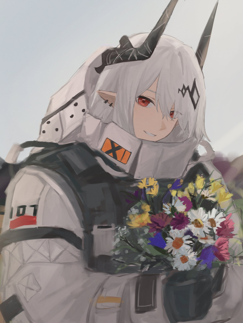 1girl arknights black_gloves bouquet commentary daisy demon_girl earrings flower gloves grey_background grey_hair grey_jumpsuit hair_ornament highres holding holding_bouquet jewelry jumpsuit long_hair looking_at_viewer mudrock_(arknights) pointy_ears red_eyes red_flower simple_background smile solo symbol-only_commentary upper_body weeiskaw white_flower yellow_flower