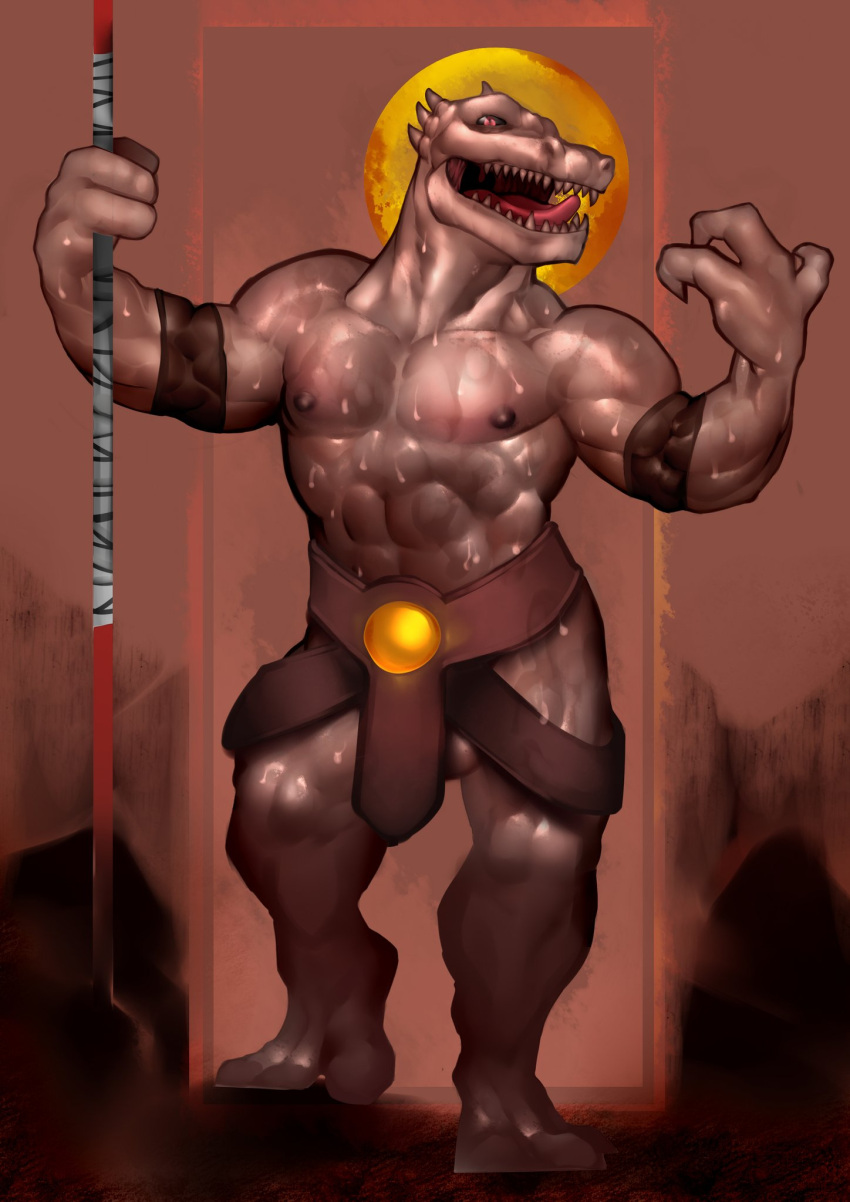 abs adriygolden anthro balls balls_outline biceps bodily_fluids genital_outline genitals hi_res lizard male muscular muscular_anthro muscular_male nipples pecs rak_wraithraiser reptile scalie sharp_teeth solo sweat teeth tower_of_god wraithraiser