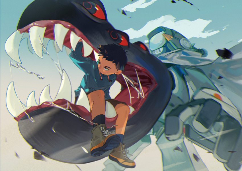 1boy 1other aqua_hoodie brown_footwear brown_shorts canti cape cloud cloudy_sky fangs flcl highres monster nandaba_naota open_mouth robot saliva shorts sky television tss-mire