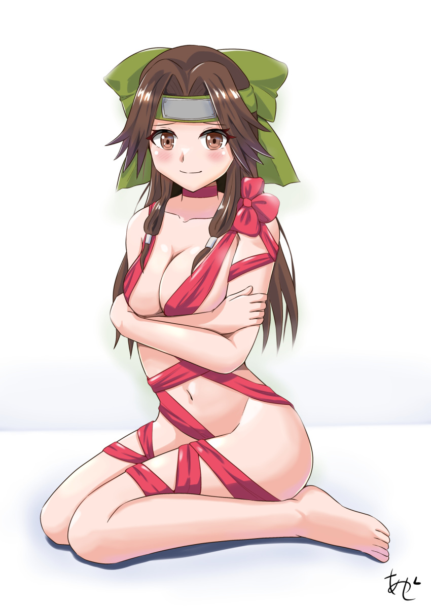 1girl akashieru barefoot breasts brown_eyes brown_hair cleavage feet forehead_protector green_headband hair_intakes half_updo headband highres jintsuu_(kancolle) kantai_collection legs long_hair medium_breasts naked_ribbon red_ribbon ribbon simple_background sitting solo toes wariza white_background