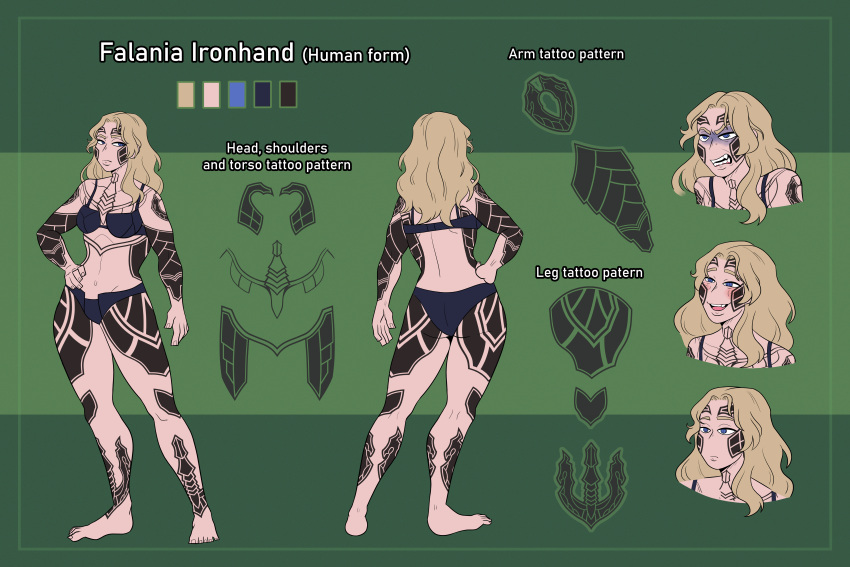 absurd_res arm_tattoo blonde_hair celtic_tattoos clothing falania_ironhand female hair hi_res huge_filesize human leg_tattoo mammal messy_hair model_sheet solo tattoo the_lost_cinnamon_roll underwear