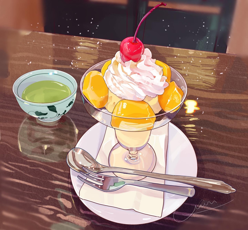 chair cherry food food_focus fork fruit highres indoors miri_illust napkin no_humans original saucer spoon table whipped_cream wooden_table