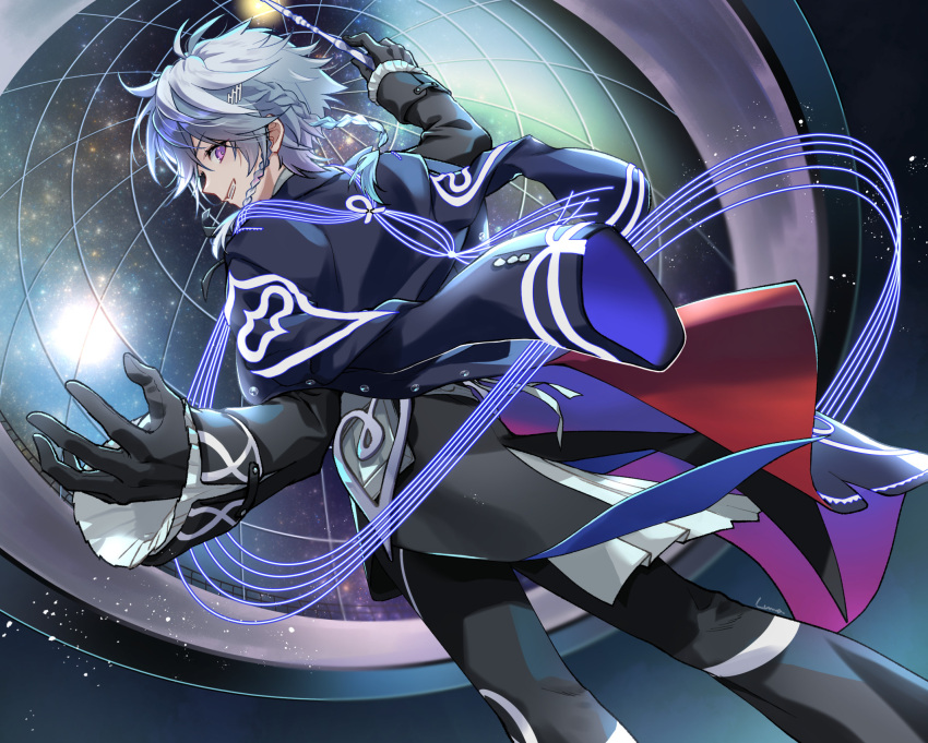 1boy baton_(conducting) black_gloves black_jacket black_pants black_ribbon blue_hair braid frilled_sleeves frills gloves hair_ornament highres holding_baton holostars holostars_english jacket long_sleeves looking_at_viewer looking_back luma8b multicolored_hair octavio open_clothes open_jacket pants pink_eyes planetarium ribbon short_hair smile solo space star_(sky) teeth virtual_youtuber white_hair