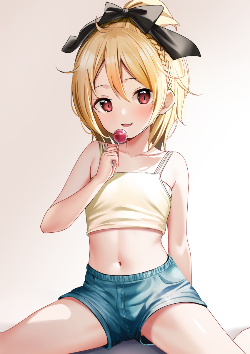 1girl bare_arms bare_shoulders black_bow blonde_hair blue_shorts bow braid brown_background brown_camisole camisole candy collarbone commentary_request commission felt_(re:zero) food gradient_background hair_between_eyes hair_bow highres holding holding_candy holding_food holding_lollipop lollipop looking_at_viewer navel pixiv_commission re:zero_kara_hajimeru_isekai_seikatsu red_eyes short_shorts shorts smile solo spread_legs white_background yan_(nicknikg)