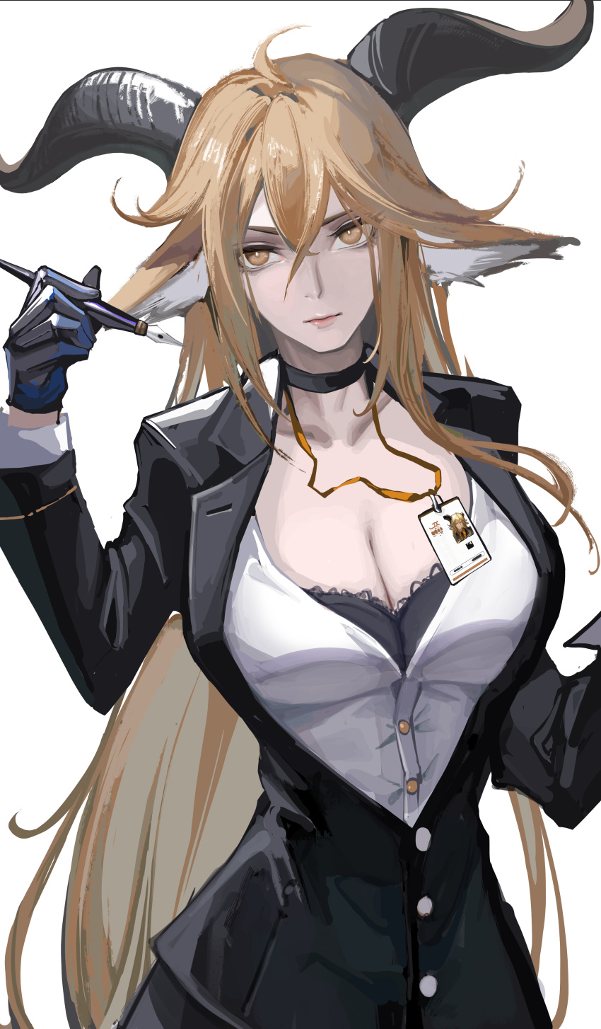 1girl absurdres ahoge animal_ear_fluff animal_ears arknights asymmetrical_hair asymmetrical_sidelocks black_bra black_choker black_gloves black_jacket blonde_hair bra breasts bright_pupils brown_horns buttons chinese_commentary choker cleavage collarbone commentary_request cowboy_shot crossed_bangs degenbrecher_(arknights) double-parted_bangs dress_shirt expressionless eyelashes gloves goat_ears goat_girl goat_horns hair_between_eyes hand_up highres holding holding_pen horns id_card jacket lapels large_breasts layered_sleeves lingerie lips long_bangs long_hair long_sleeves looking_at_viewer makeup notched_lapels pale_skin partially_unbuttoned pen pink_lips shirt sidelocks simple_background solo standing straight_hair underwear v-shaped_eyebrows very_long_hair white_background white_pupils white_shirt yaoshan_shi yellow_eyes
