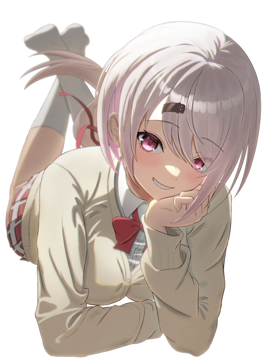 1girl blush cardigan cheek_rest elbow_rest feet_up grey_hair grin hair_ornament hairclip hand_on_own_cheek hand_on_own_face head_rest highres kisaragi_edda long_hair looking_at_viewer low_ponytail lying multicolored_hair nijisanji no_shoes on_stomach pink_eyes pink_hair plaid plaid_skirt shiina_yuika shiina_yuika_(1st_costume) simple_background skirt smile socks solo streaked_hair virtual_youtuber white_background white_socks