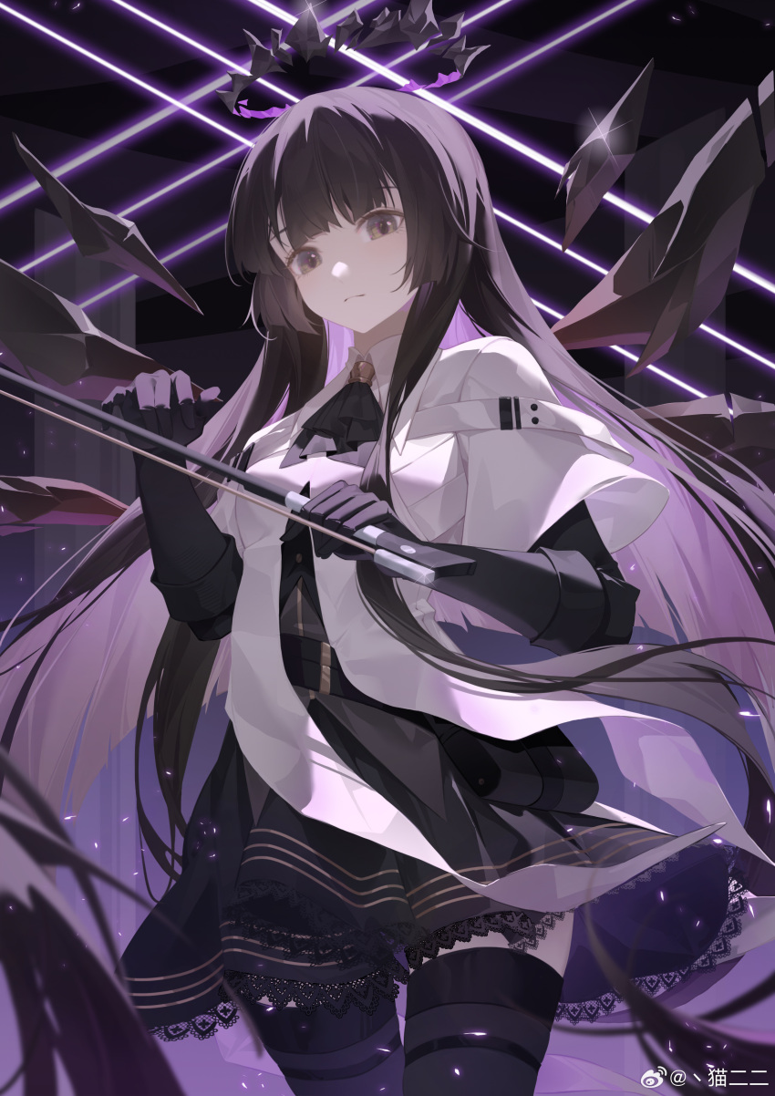 1girl absurdly_long_hair absurdres arknights artist_name ascot belt belt_buckle belt_pouch black_ascot black_background black_belt black_bustier black_gloves black_hair black_halo black_pouch black_skirt black_thighhighs black_wings blunt_bangs blurry blurry_foreground bow_(music) breasts broken_halo buckle bustier buttons catererer chinese_commentary chinese_text closed_mouth collared_jacket colored_inner_hair commentary_request cowboy_shot dark_halo depth_of_field detached_wings dress_shirt energy_wings expressionless eyelashes floating_hair glint gloves gradient_background grey_eyes grey_hair grey_shirt halo hands_up highres hime_cut holding holding_bow_(music) jacket layered_sleeves light_particles long_hair long_sleeves looking_at_viewer medium_breasts miniskirt multicolored_eyes multicolored_hair pale_skin pillar pleated_skirt pouch purple_background purple_theme shadow shirt short_over_long_sleeves short_sleeved_jacket short_sleeves sidelocks skirt solo standing straight_hair thighhighs thighs two-tone_background two-tone_eyes two-tone_hair very_long_hair virtuosa_(arknights) watermark weibo_logo weibo_username white_belt white_jacket wide_sleeves wing_collar wings yellow_eyes zettai_ryouiki
