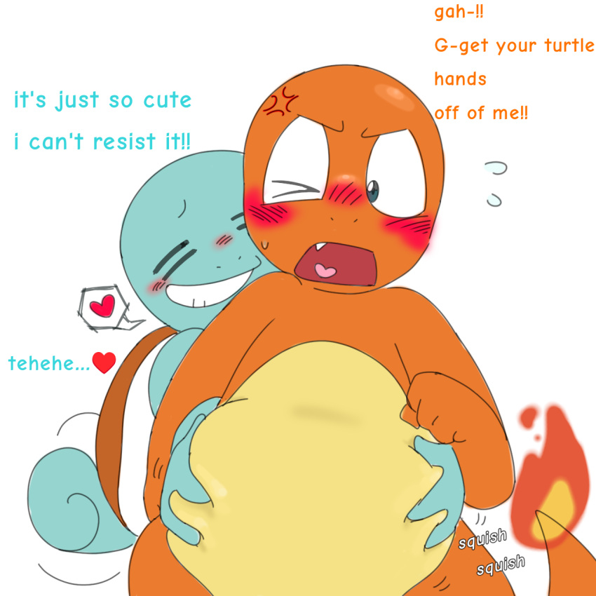 &lt;3 anthro belly belly_grab belly_squish big_belly blush bodily_fluids body_worship charmander charmander_(starter_squad) chubby_male couple duo embarrassed fire generation_1_pokemon hi_res lizard male male/male nintendo pokemon pokemon_(species) reptile scalie secretly_loves_it slightly_chubby squirtle squirtle_(starter_squad) squish starter_squad sweat sweatdrop szchrx tail tail_motion tailwag thick thick_thighs tsundere turtle
