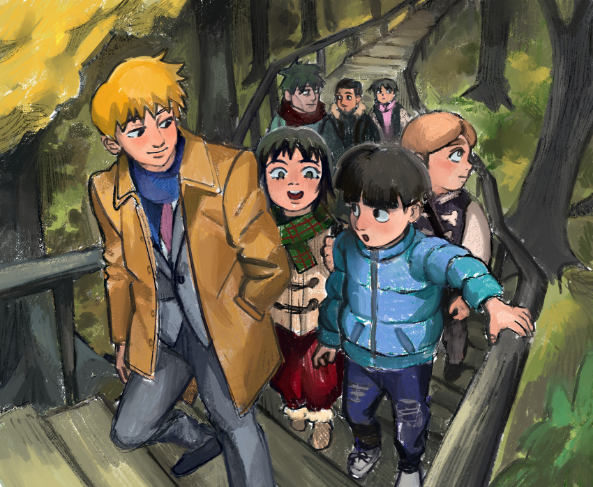 1girl 6+boys almondpiglet black_eyes black_hair blonde_hair blue_coat blue_scarf brown_coat character_request closed_mouth coat commentary english_commentary forest green_scarf grey_pants highres inugawa_mameta kageyama_shigeo kurata_tome long_sleeves mob_psycho_100 multiple_boys nature open_mouth outdoors painterly pants reigen_arataka scarf shoes short_hair smile stairs tree walking