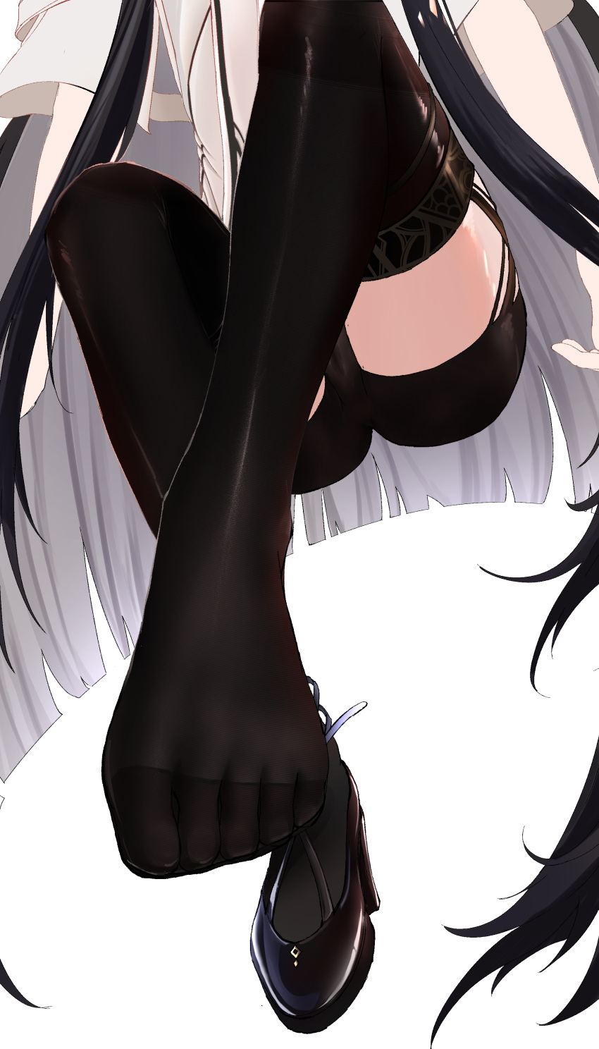 1girl absurdres arknights arm_support ass belt black_footwear black_garter_straps black_hair black_panties black_thighhighs cameltoe chinese_commentary colored_inner_hair commentary_request feet foot_focus foot_up foreshortening from_below garter_straps grey_hair high_heels highres invisible_chair jacket legs long_hair lower_body multicolored_hair panties presenting presenting_foot see-through see-through_legwear shiny_clothes shiny_footwear shiny_legwear shoes short_sleeved_jacket short_sleeves sidelocks simple_background single_shoe sitting solo straight_hair strappy_heels thighhighs thighs toenails toes two-tone_hair underwear very_long_hair virtuosa_(arknights) white_background white_belt white_jacket whitestyle_official wide_sleeves
