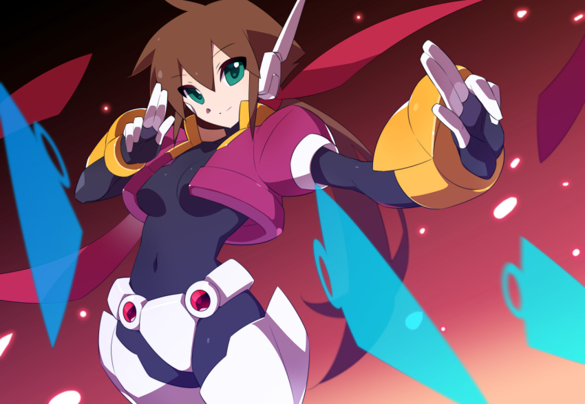 1girl aile_(mega_man_zx) armor breasts brown_hair cropped_jacket crotch_plate energy_blade green_eyes jacket kaidou_zx kunai long_hair mask mega_man_(series) mega_man_zx mega_man_zx_advent model_px_(mega_man) power_armor purple_jacket red_scarf scarf small_breasts solo weapon