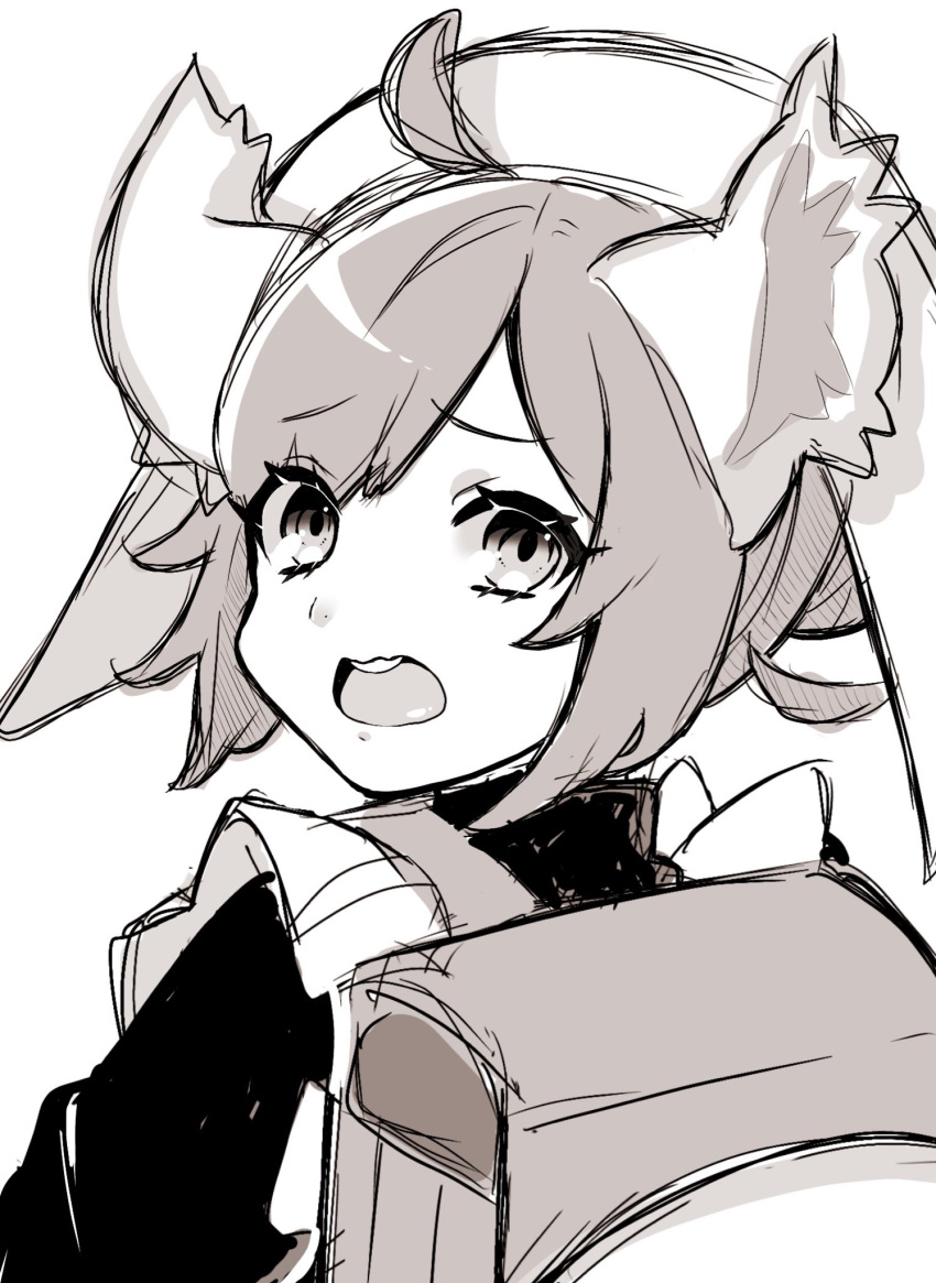 1girl animal_ears cowlick fire_emblem fire_emblem_engage fire_emblem_heroes gau_fe glowing_ears greyscale highres looking_at_viewer maid_headdress monochrome open_mouth ratatoskr_(fire_emblem) solo squirrel_ears squirrel_girl teeth upper_teeth_only