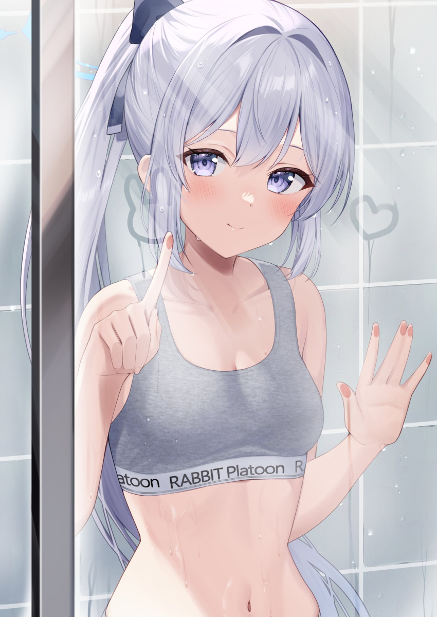 1girl against_glass alternate_costume alternate_hairstyle bare_arms bare_shoulders bathroom blue_archive blue_eyes blue_hair breasts closed_mouth collarbone commentary double-parted_bangs grey_sports_bra hair_between_eyes hair_intakes hand_on_glass highres index_finger_raised light_blue_hair looking_at_viewer midriff miyako_(blue_archive) mochiko_(uyu_omochi) navel ponytail small_breasts smile solo sports_bra upper_body