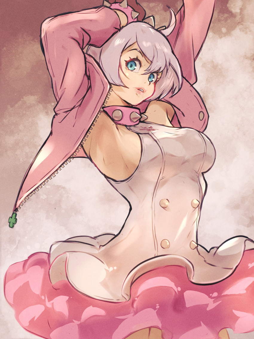 1girl ahoge arms_up blue_eyes bracelet breasts clover collar dress elphelt_valentine four-leaf_clover grey_hair guilty_gear guilty_gear_strive halter_dress halterneck highres jacket jewelry large_breasts lips looking_at_viewer no_bra open_clothes open_jacket pink_collar pink_jacket pink_skirt short_hair sideboob skirt skirt_under_dress solo spiked_bracelet spiked_collar spikes white_dress yuenibushi