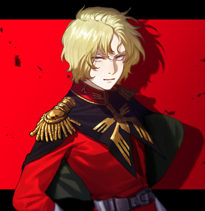 1boy arm_at_side belt black_border black_cape blonde_hair blue_eyes border cape char_aznable drop_shadow epaulettes expressionless gloves gundam hand_on_own_hip high_collar highres jacket letterboxed long_sleeves looking_to_the_side male_focus military_uniform mobile_suit_gundam outside_border red_jacket short_hair simple_background solo uniform upper_body ususio_11 white_belt white_gloves wind