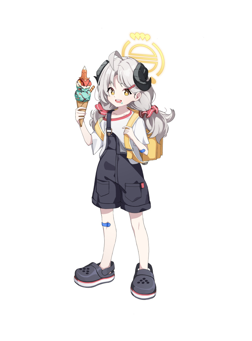 1girl absurdres aged_down ahoge backpack bag bandaid bandaid_on_arm bandaid_on_knee bandaid_on_leg black_footwear black_horns black_overalls black_shorts blue_archive collarbone commentary crocs demon_girl demon_horns drooling food food_art food_on_face full_body grey_hair hair_ornament hairclip halo highres horns ice_cream ice_cream_cone izumi_(blue_archive) long_hair low_twintails mouth_drool open_mouth overall_shorts overalls shirt short_sleeves shorts simple_background solo standing tachi-e tako-san_wiener teeth toombo12 twintails upper_teeth_only white_background white_shirt yellow_bag yellow_halo