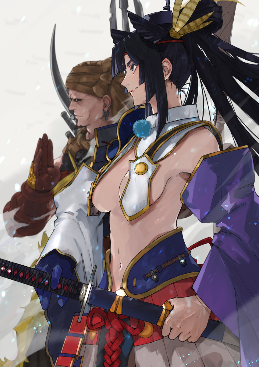 1boy 1girl armor black_eyes black_hair black_headwear black_sclera blue_gloves breast_curtains brown_gloves closed_mouth colored_sclera commentary_request detached_sleeves ear_piercing fate/grand_order fate_(series) fighting_stance gloves hair_bun hair_ornament hat highres japanese_armor katana kdm_(ke_dama) lips long_hair musashibo_benkei_(fate) navel no_bra piercing pink_lips polearm ponytail profile revealing_clothes side_ponytail simple_background single_glove single_hair_bun smile spear sword tate_eboshi trident ushiwakamaru_(fate) very_long_hair weapon white_background