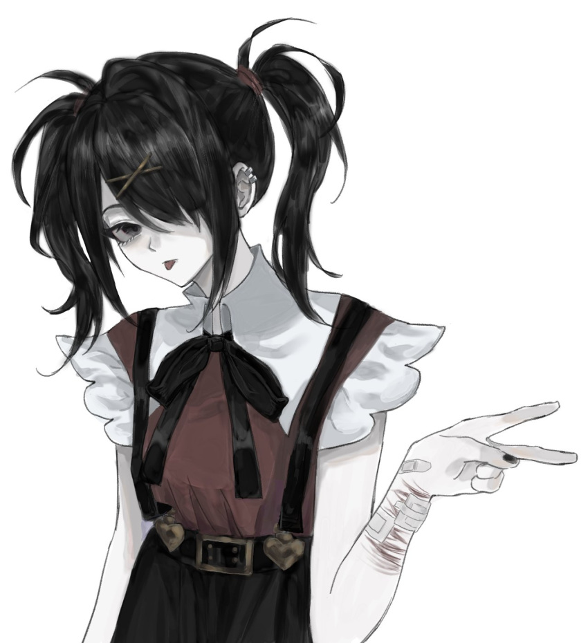 1girl ame-chan_(needy_girl_overdose) black_eyes black_hair black_nails black_ribbon black_skirt collared_shirt colored_skin cuts hair_ornament hair_over_one_eye hair_tie hand_up hashtag_only_commentary hei_niao_(mudbirdy001) highres injury long_hair looking_at_viewer neck_ribbon needy_girl_overdose pale_skin red_shirt ribbon scar scar_on_arm self-harm self-harm_scar shirt shirt_tucked_in simple_background skirt solo suspender_skirt suspenders tongue tongue_out twintails v white_background white_skin x_hair_ornament