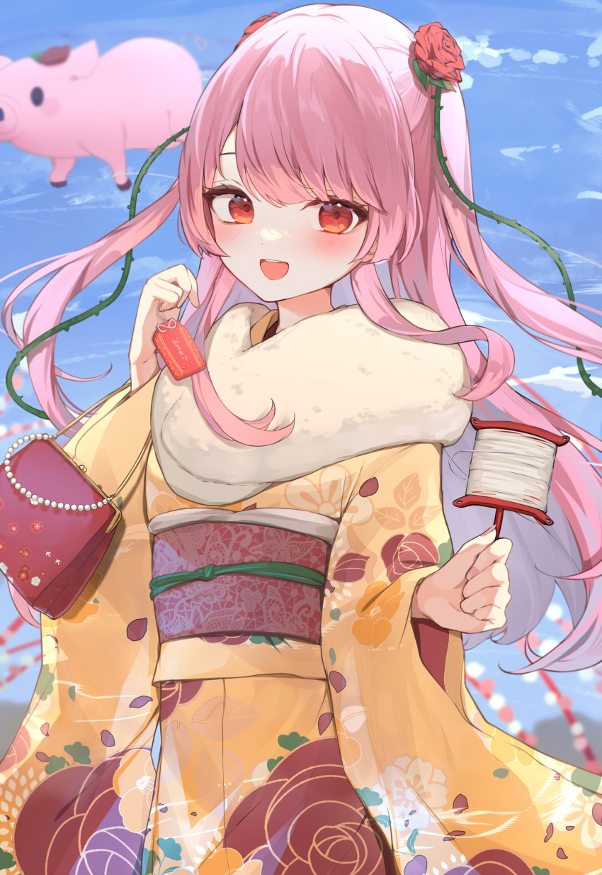 1girl absurdres arkathon commentary english_commentary floral_print_kimono fur_scarf highres holding japanese_clothes kimono long_hair new_year nijisanji nijisanji_en open_mouth pig pink_hair red_bag red_eyes rosemi_lovelock smile solo two_side_up virtual_youtuber wide_sleeves yellow_kimono