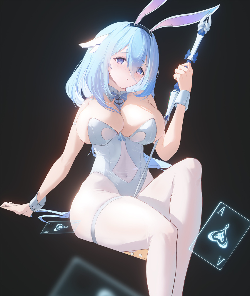 1girl ace_(playing_card) ace_of_hearts anchor_symbol animal_ears azur_lane blue_hair breasts card cleavage clothing_cutout constellation_(azur_lane) constellation_(galaxy's_finest)_(azur_lane) detached_collar fake_animal_ears feet_out_of_frame galodos heart highres huge_breasts leotard long_hair looking_at_viewer manjuu_(azur_lane) navel_cutout official_alternate_costume pantyhose playboy_bunny playing_card purple_eyes rabbit_ears see-through sitting solo thigh_strap translation_request undersized_breast_cup white_leotard white_pantyhose wrist_cuffs