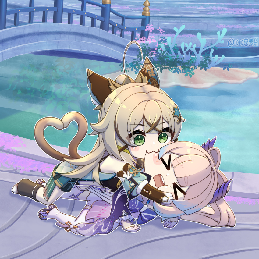 &gt;_&lt; 2girls :3 absurdres ahoge all_fours biting blonde_hair blunt_bangs blush_stickers bow-shaped_hair cat_tail chibi chinese_commentary closed_eyes commentary_request dd_che_shen detached_sleeves genshin_impact gloves gradient_hair green_eyes hair_between_eyes hair_ornament heart heart_tail highres hug kirara_(genshin_impact) light_brown_hair long_hair long_sleeves lying lying_on_person multicolored_hair multiple_girls ocean open_mouth pink_hair pixiv_username ponytail sangonomiya_kokomi sidelocks smile tail thighhighs white_gloves wide_sleeves