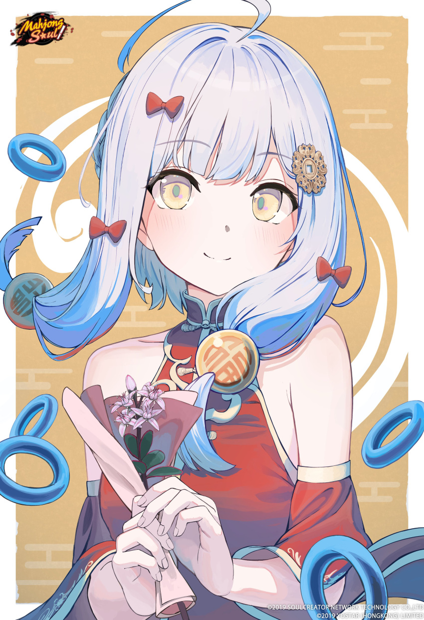 1girl absurdres ahoge bare_shoulders birthday bow china_dress chinese_clothes commentary copyright_name detached_sleeves dress english_commentary eyelashes fu_ji grey_hair hair_bow hair_ornament happy highres mahjong_soul medium_hair mikisai official_art smile solo yostar