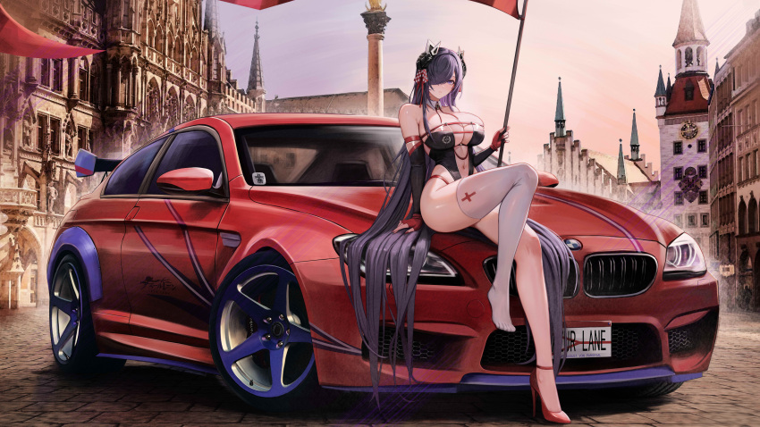 1girl absurdres alternate_costume arm_warmers august_von_parseval_(azur_lane) azur_lane bare_shoulders black_leotard bmw breasts car cleavage clothing_cutout collarbone commentary cross curled_horns detached_collar eyes_visible_through_hair fingerless_gloves flag gloves hair_between_eyes hair_over_one_eye hair_ribbon high_heels highres holding holding_pole horns iron_cross kcar66t large_breasts leotard location_request long_hair looking_at_viewer mechanical_horns motor_vehicle navel navel_cutout neck_ribbon outdoors parted_lips pole purple_eyes purple_hair race_queen real_world_location red_gloves red_nails red_ribbon ribbon shadow sidelocks single_thighhigh sitting skindentation solo strapless strapless_leotard swept_bangs thighhighs vehicle_request very_long_hair white_thighhighs