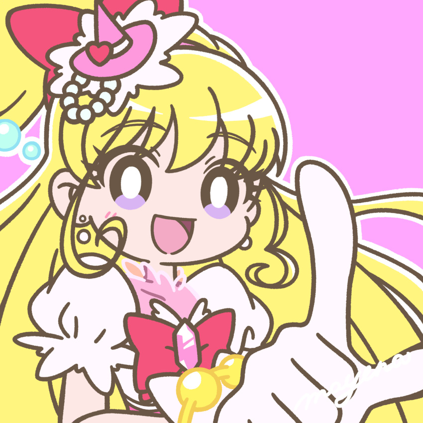 1girl asahina_mirai blonde_hair bow bracelet bright_pupils cure_miracle earrings gloves hair_bow hat highres index_finger_raised jewelry long_hair looking_at_viewer magical_girl mahou_girls_precure! mayena mini_hat mini_witch_hat open_mouth outline pink_background pink_headwear precure purple_eyes red_bow see-through simple_background smile solo upper_body white_gloves white_outline white_pupils witch_hat