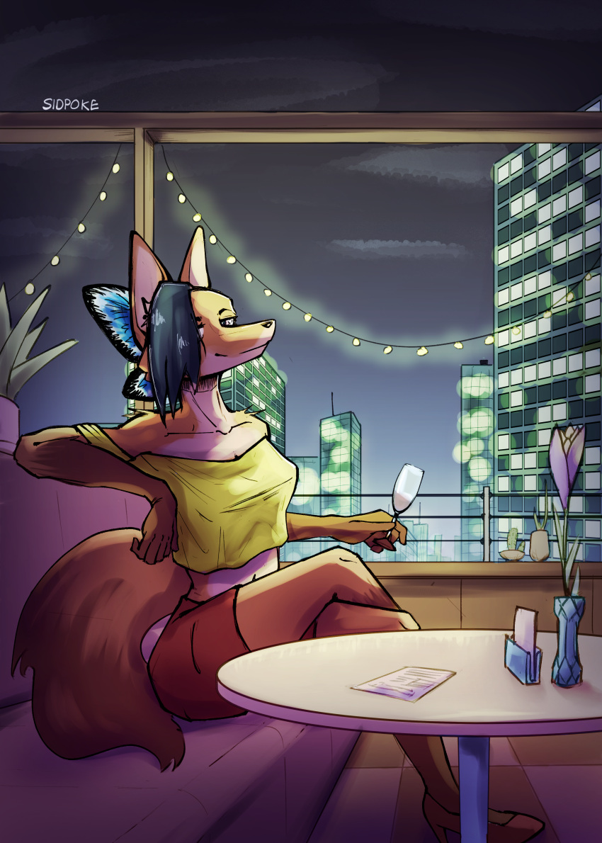 absurd_res alcohol bar beverage canid canine champagne city cityscape container cup date dinner dinner_table drinking_glass ermelyn_(system_exception) evening evening_dress female glass glass_container glass_cup hi_res mammal maned_wolf rooftop rooftop_bar sidpoke solo wine_glass