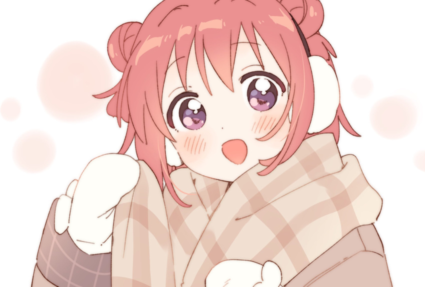 1girl akaza_akari blush brown_coat brown_scarf coat dotted_background double_bun earmuffs hair_bun hair_intakes hands_up highres holding holding_clothes holding_scarf looking_at_viewer mittens namori open_mouth plaid plaid_scarf plaid_sleeves puffy_sleeves purple_eyes red_hair scarf smile solo white_background white_mittens yuru_yuri